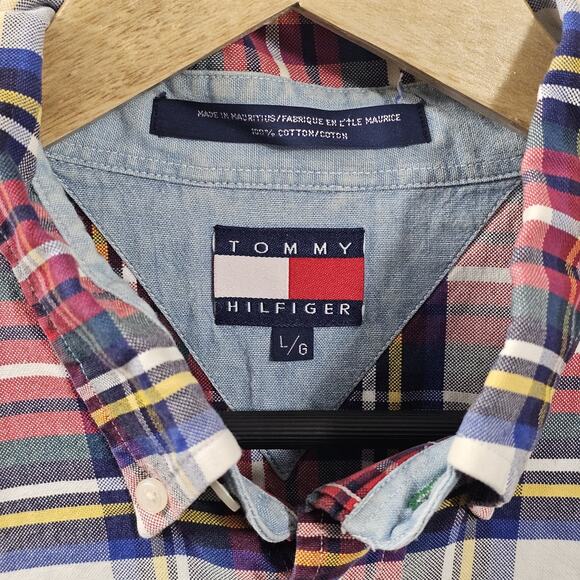 Vtg Tommy Hilfiger Button Down Green Red Plaid Shirt Sz L 90s Classic Preppy - Picture 3 of 5